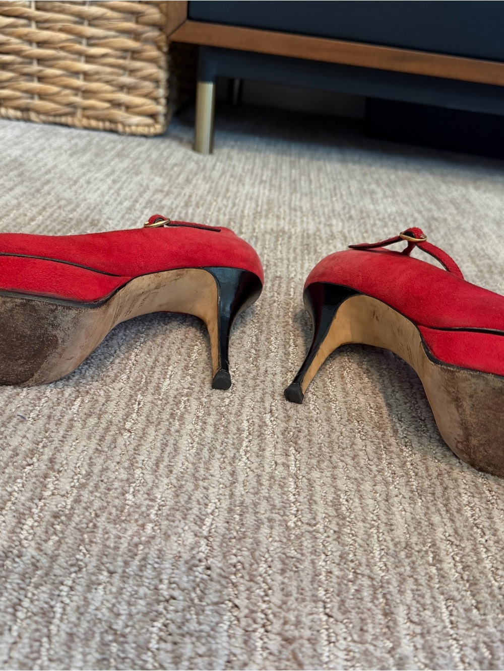 Saint Laurent Red Suede Mary Jane Peep-Toe Heels with Gold Buckle 37.5 - Picture 5 of 8